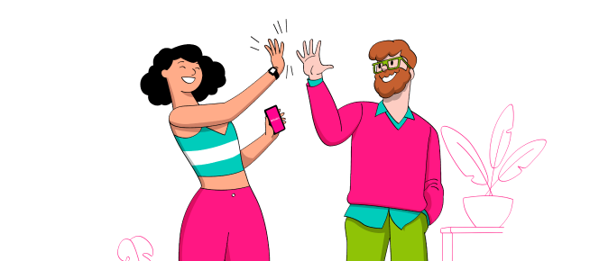 Ilustração de um homem e uma mulher sorrindo e batendo um "high five", em um estilo vibrante e descontraído.