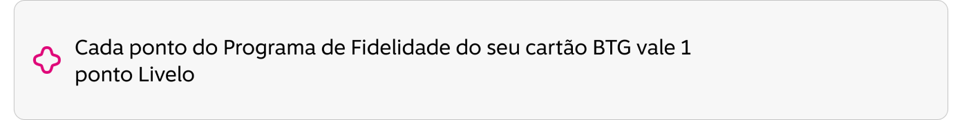 Cada ponto do Programa de Fidelidade do seu cartão BTG vale 1 ponto Livelo