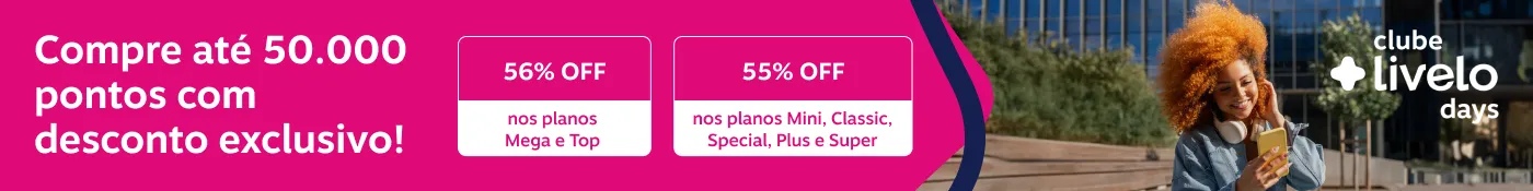 Compre até 50.000 pontos com desconto exclusivo! 56% OFF nos planos Mega e Top. 55% OFF nos planos Mini, Classic, Special, Plus e Super.
