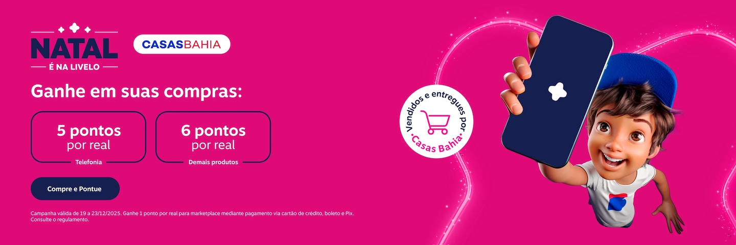 Compre na Casas Bahia e ganhe até 6 pontos por real em suas compras. 5 pontos por real em Telefonia e 6 pontos por real nos demais produtos 