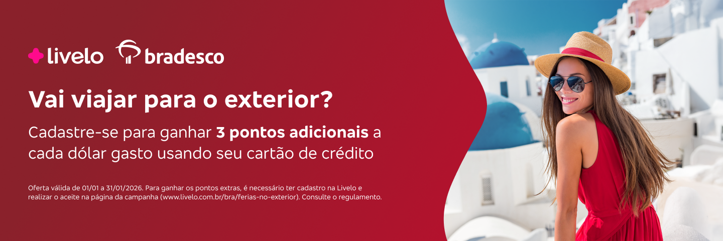 Vai viajar para o exterior? Cadastre-se para ganhar 3 pontos Livelo adicionais a cada dólar gasto usando seu cartão de crédito.