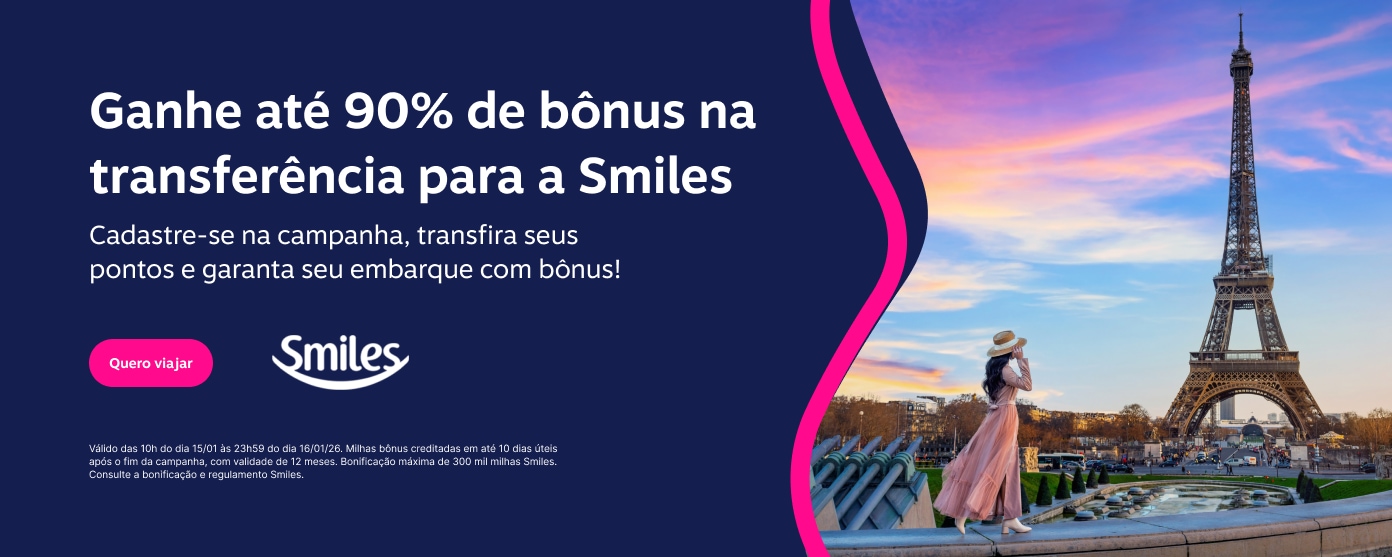 Ganhe até 90% de bônus na transferência para a Smiles. Cadastre-se na campanha, transfira seus pontos e garanta seu embarque com bônus!