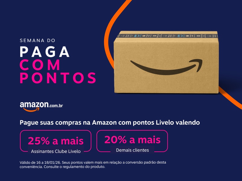 Livelo. Amazon. Pague suas compras na Amazon com pontos Livelo valendo 25 por cento a mais para Clube Livelo e 20 por cento a mais demais clientes.