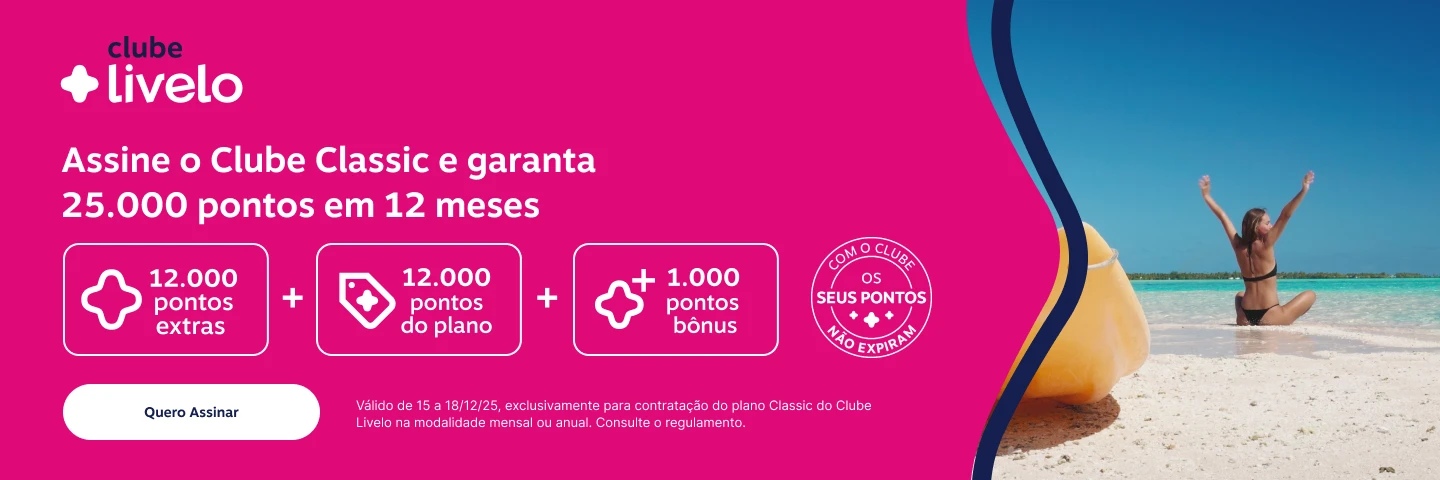  Garanta 25.000 pontos em 12 meses com o plano Classic. Assine e aproveite as vantagens exclusivas do Clube Livelo para juntar e trocar pontos! 