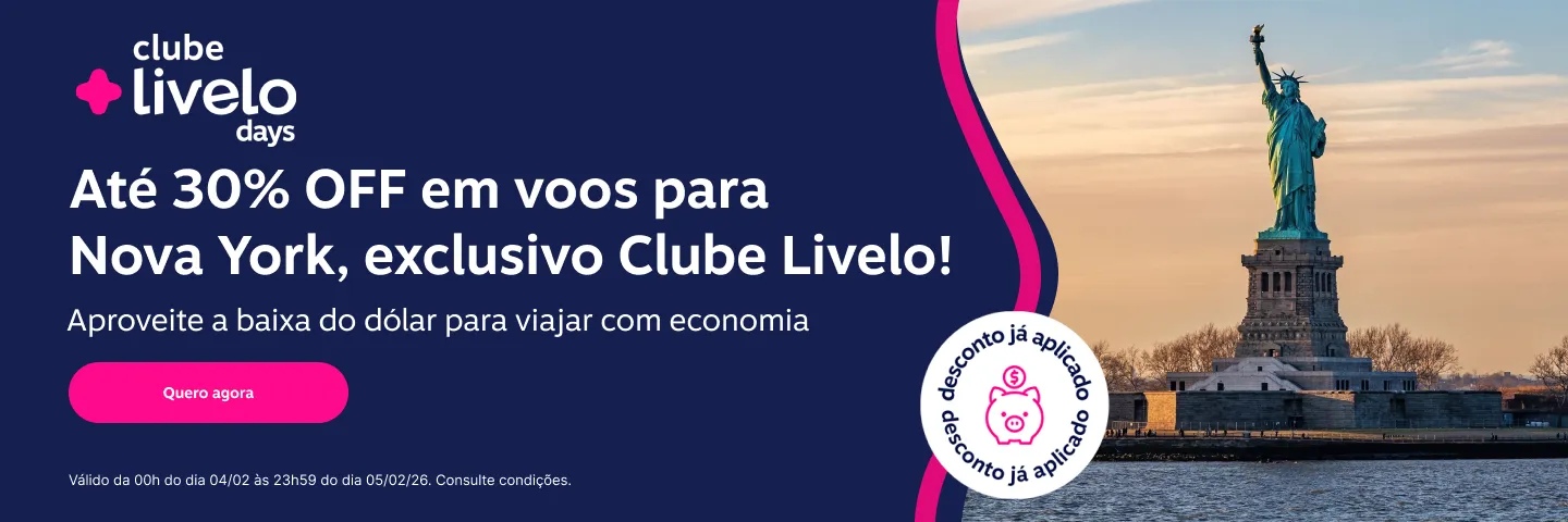 Aproveite a baixa do dólar e viaje para Nova York! Até 30% OFF em voos, exclusivo assinantes Clube Livelo