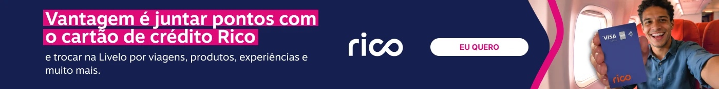 Vantagem é juntar pontos com o cartão  de crédito Rico e trocar na Livelo por viagens, produtos, experiências e muito mais., imagem clicável, ir para https://www.livelo.com.br/parceiros-para-livelo/rico