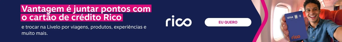 Vantagem é juntar pontos com o cartão de crédito Rico e trocar na Livelo por viagens, produtos, experiências e muito mais., imagem clicável, ir para https://www.livelo.com.br/parceiros-para-livelo/rico