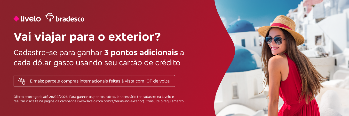 Vai viajar para o exterior? Cadastre-se para ganhar 3 pontos Livelo adicionais a cada dólar gasto usando seu cartão de crédito.