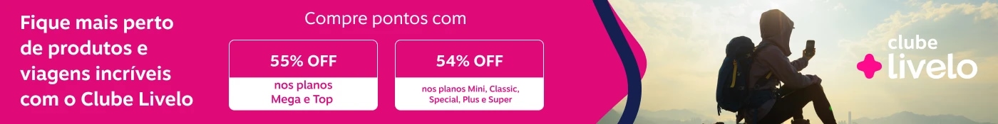 Fique mais perto de produtos e viagens incríveis! Compre pontos com 55% OFF para assinantes dos planos Mega e Top e 54% OFF para assinantes dos planos Mini, Classic, Special, Plus e Super 