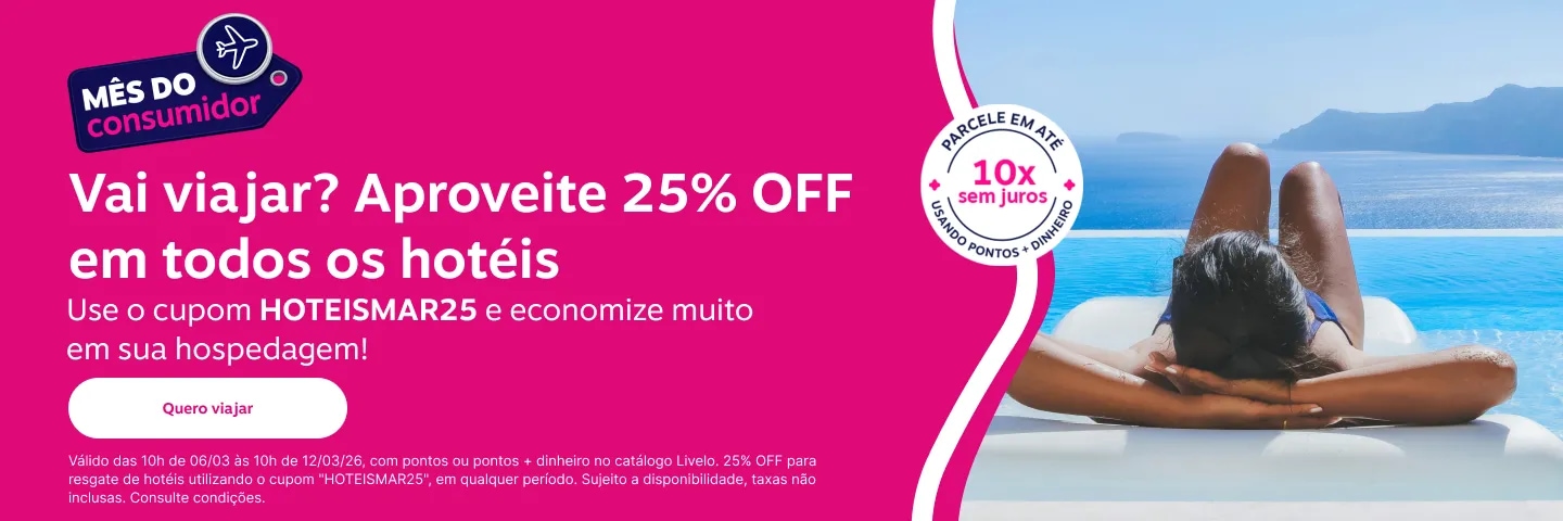  Vai viajar? Aproveite 25% OFF em todos os hotéis. Use o cupom HOTEISMAR25 e economize muito em sua hospedagem!