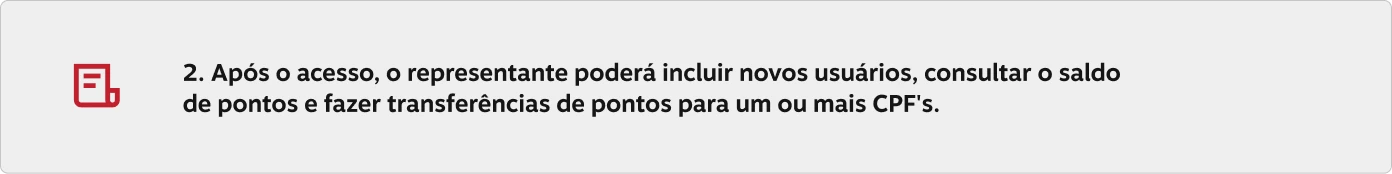 2. Após o acesso, o representante poderá incluir novos usuários, consultar o saldo de pontos e fazer transferências de pontos para um ou mais CPF's.