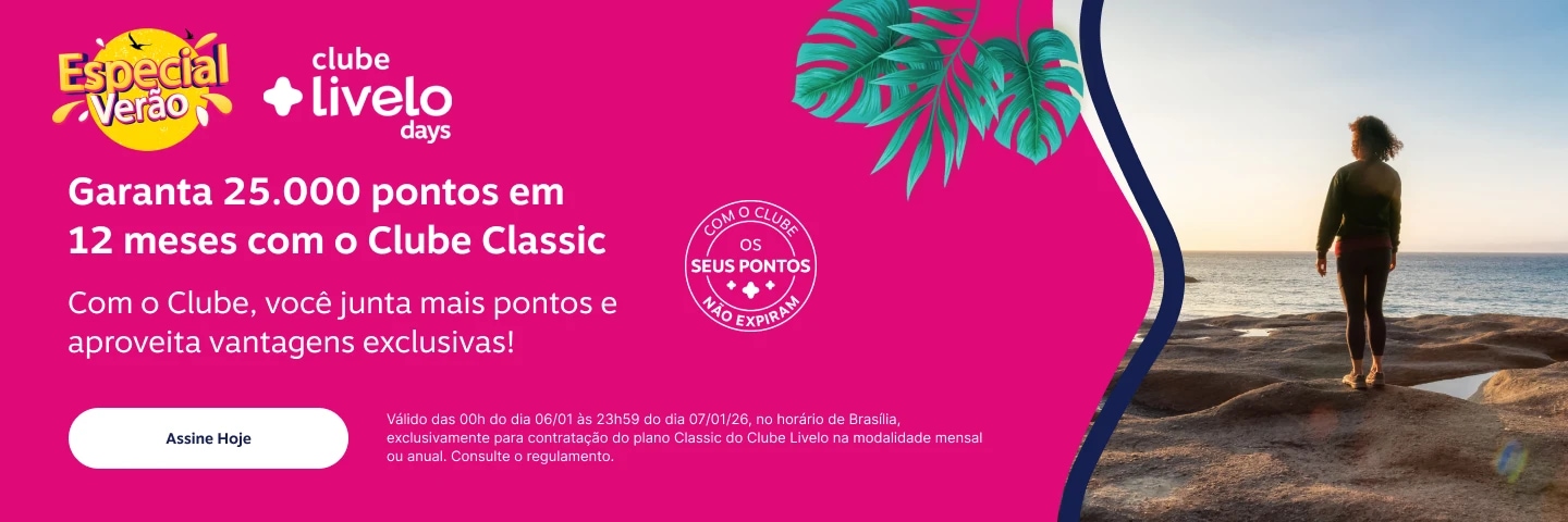 Assine o Clube Classic e garanta 25.000 pontos em 12 meses. 12.000 pontos extras da oferta, 12.000 pontos do plano, 1.000 pontos bônus por tempo de casa. 