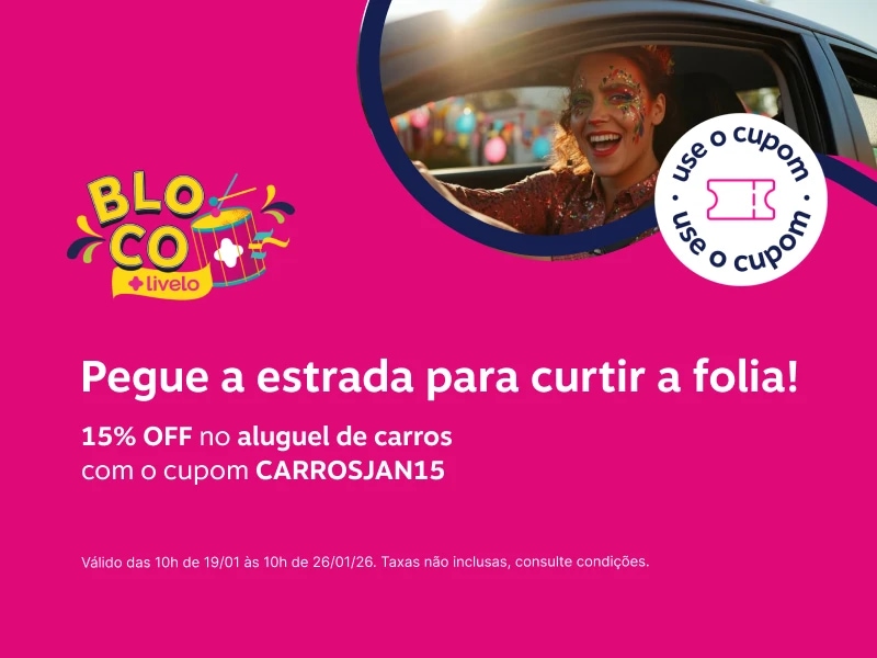 Pegue a estrada para curtir a folia! 15% OFF no aluguel de carros com o cupom CARROSJAN15