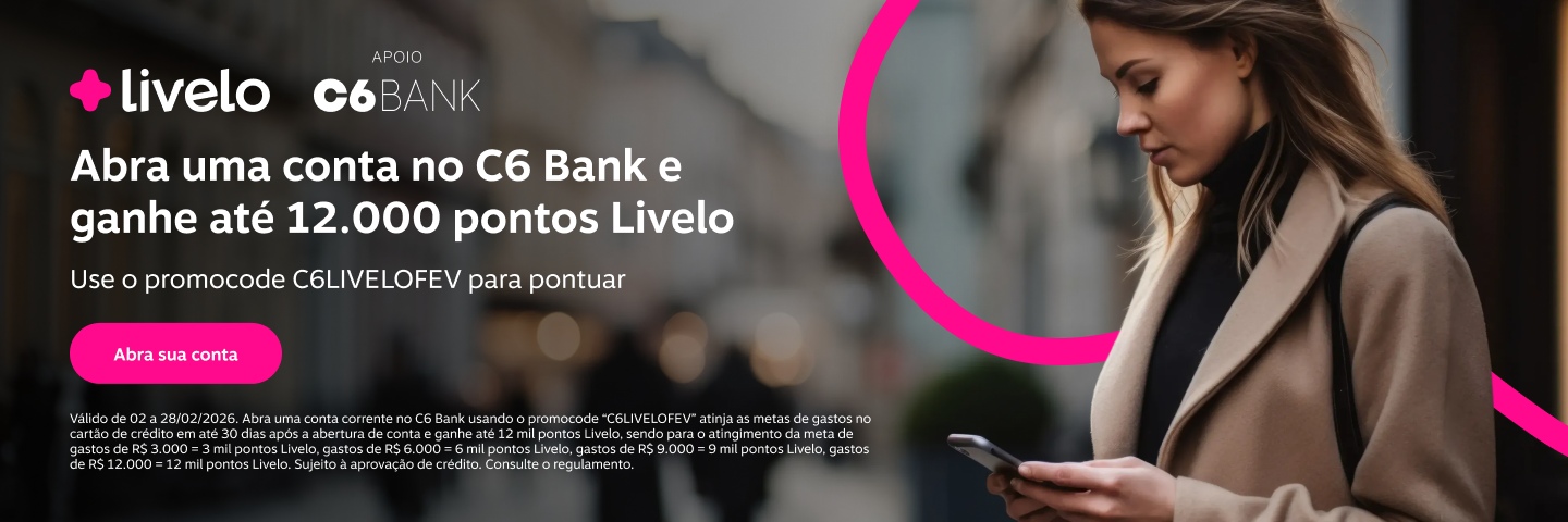 Você sabia que é possível pontuar muito na Livelo abrindo a sua conta no C6 Bank? Baixe o app, abra sua conta e aproveite!