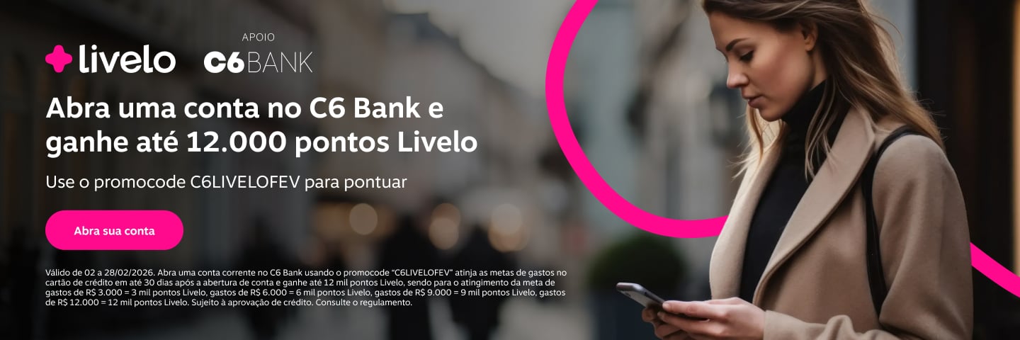 Você sabia que é possível pontuar muito na Livelo abrindo a sua conta no C6 Bank? Baixe o app, abra sua conta e aproveite!