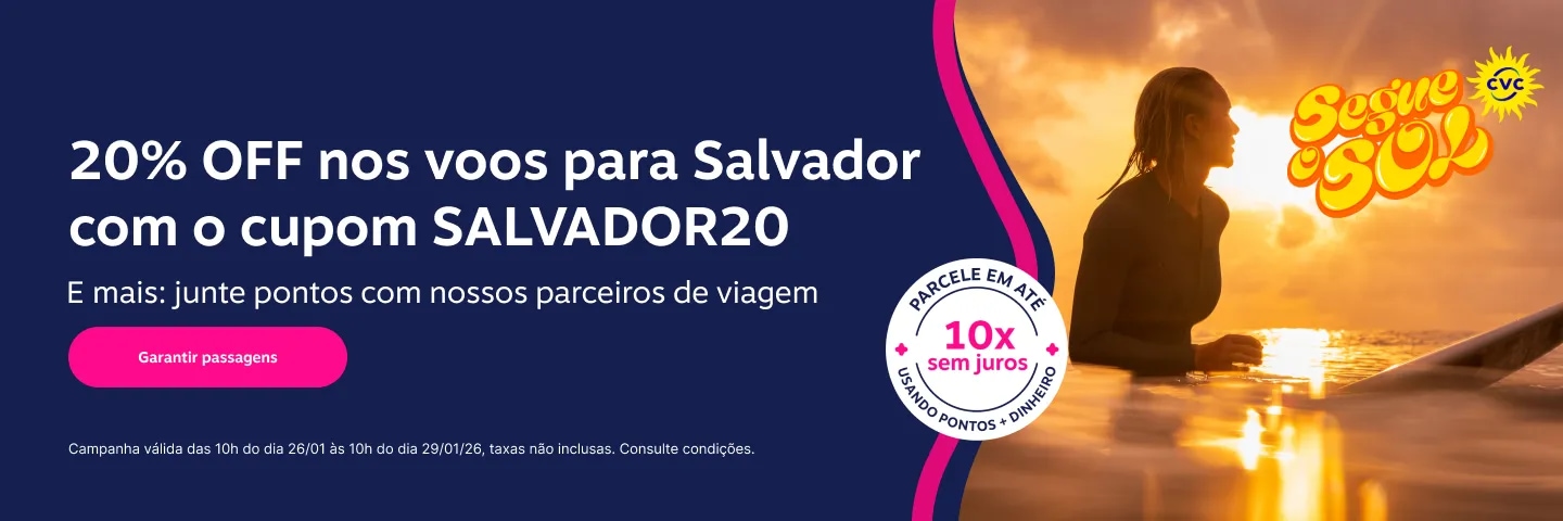 20% OFF nos voos para Salvador com o cupom SALVADOR20. E mais: junte pontos com nossos parceiros de viagem