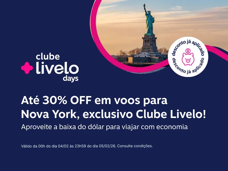 Aproveite a baixa do dólar e viaje para Nova York! Até 30% OFF em voos, exclusivo assinantes Clube Livelo