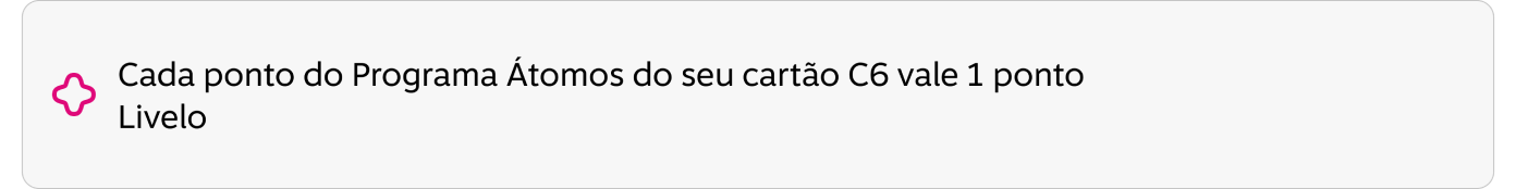 Cada ponto do Programa Átomos do seu cartão C6 vale 1 ponto Livelo