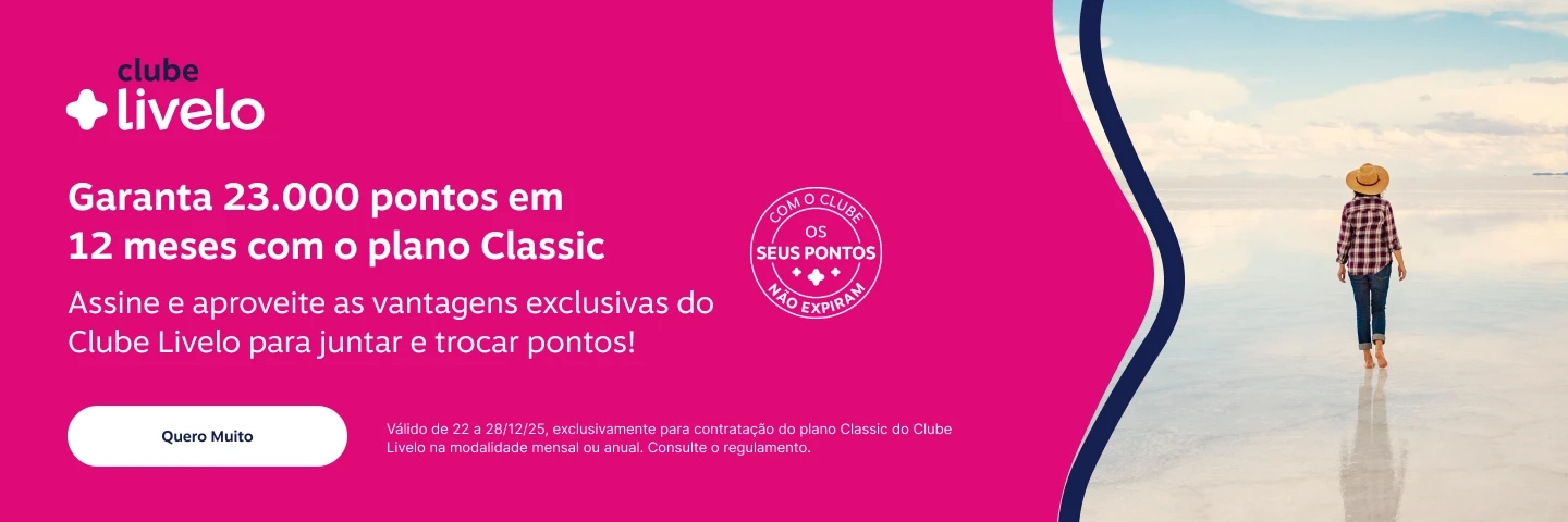 Garanta 23.000 pontos em 12 meses com o plano Classic. Assine e aproveite as vantagens exclusivas do Clube Livelo para juntar e trocar pontos!