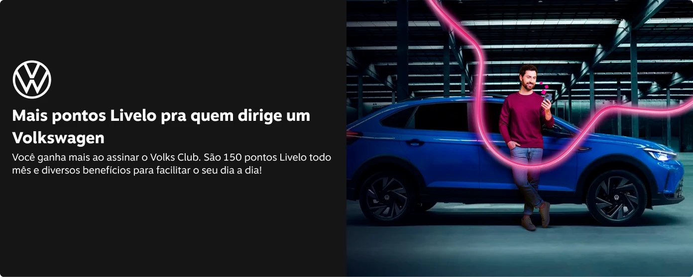 Mais pontos Livelo pra quem dirige um Volkswagen! Você ganha mais ao assinar o Volks Club. São 150 pontos Livelo todo mês e diversos benefícios para facilitar o seu dia a dia!