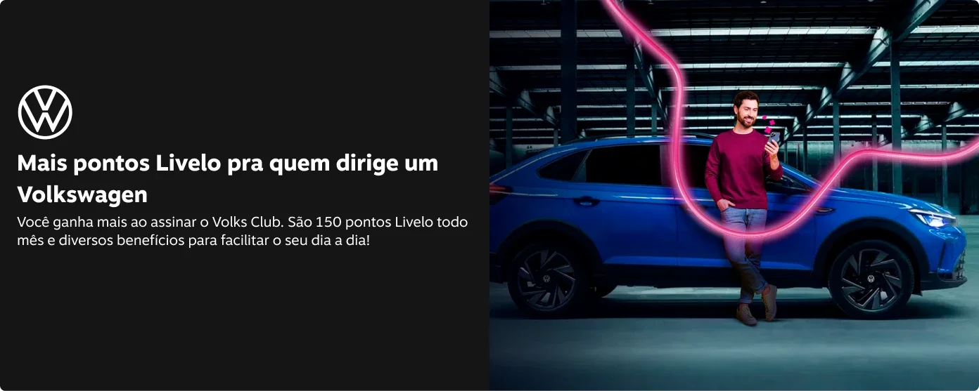 Mais pontos Livelo pra quem dirige um Volkswagen! Você ganha mais ao assinar o Volks Club. São 150 pontos Livelo todo mês e diversos benefícios para facilitar o seu dia a dia!