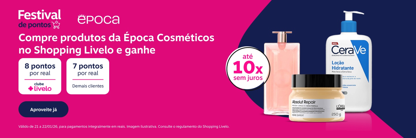  Festival de pontos. Parcele em até dez vezes sem juros. Compre produtos da Época Cosméticos no Shopping Livelo e ganhe 8 pontos por real para participantes Clube Livelo e 7 pontos por real para demais clientes. E tem mais: Frete Grátis em produtos acima de 179 reais.